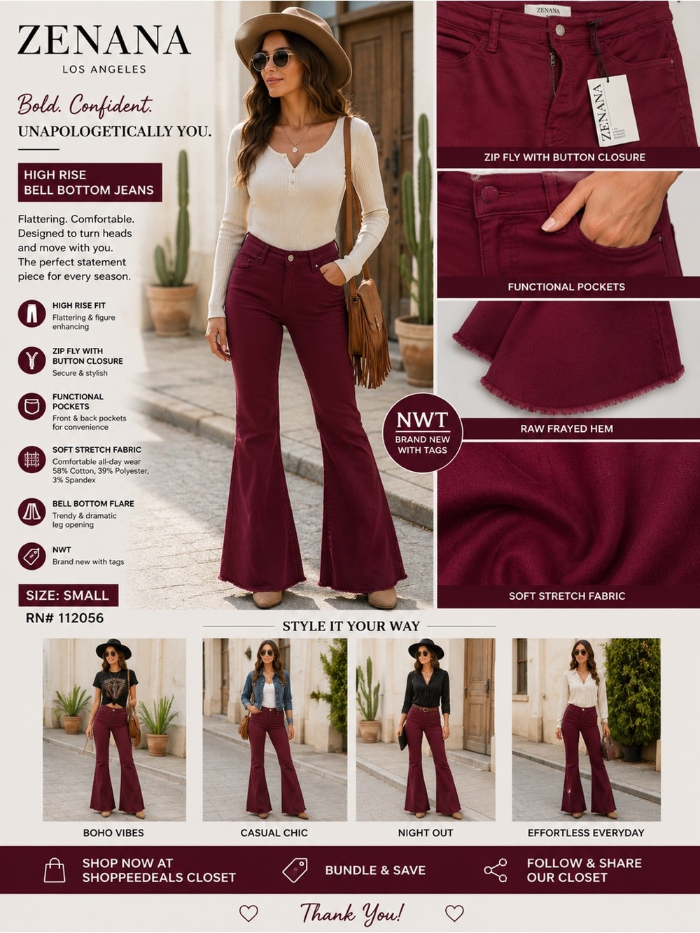 Zenana NWT Burgundy High Rise Bell Bottom Flare Jeans | Small | Stretch Boho Y2K